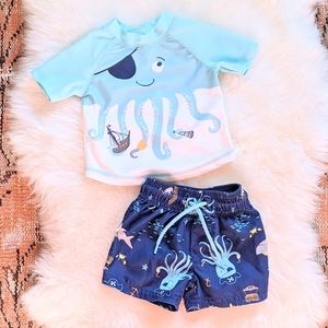 🐇Carter's Octopus Pirate Swim Trunks + Rash Guard